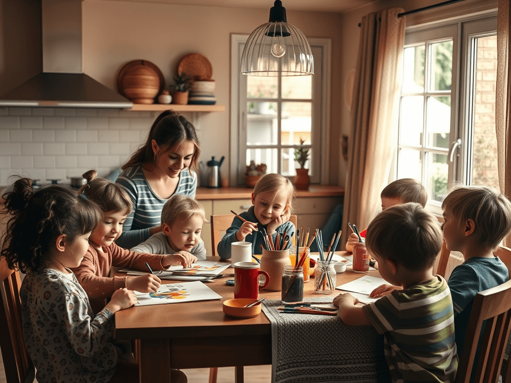 Gastouder met kinderen aan tafel in de opvang locatie