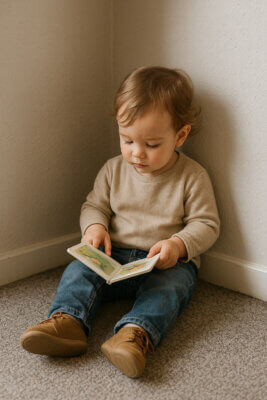 Child quietly reading a book at the childcare center