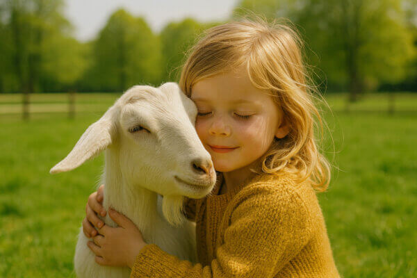 Child cuddling with a goat at Stadsboerderij Wageningen
